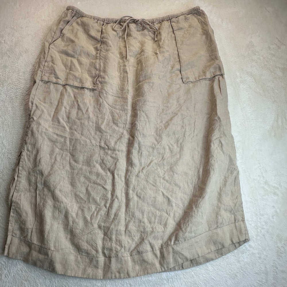 Haven Well Within Linen Midi Skirt XL Tan Beige Drawstring Pocket Side Slit